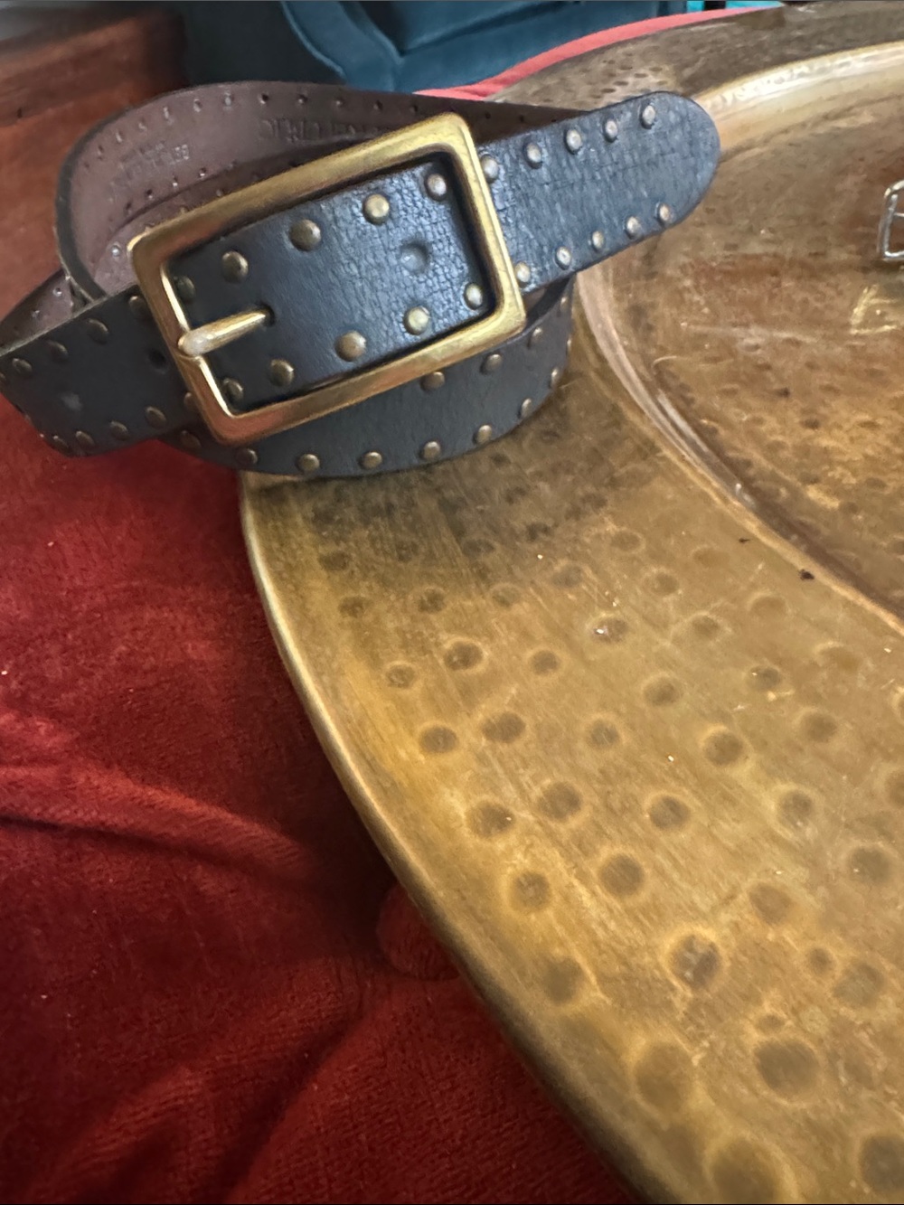 Banana Republic Navy Leather Studded Belt with Brass Buckle